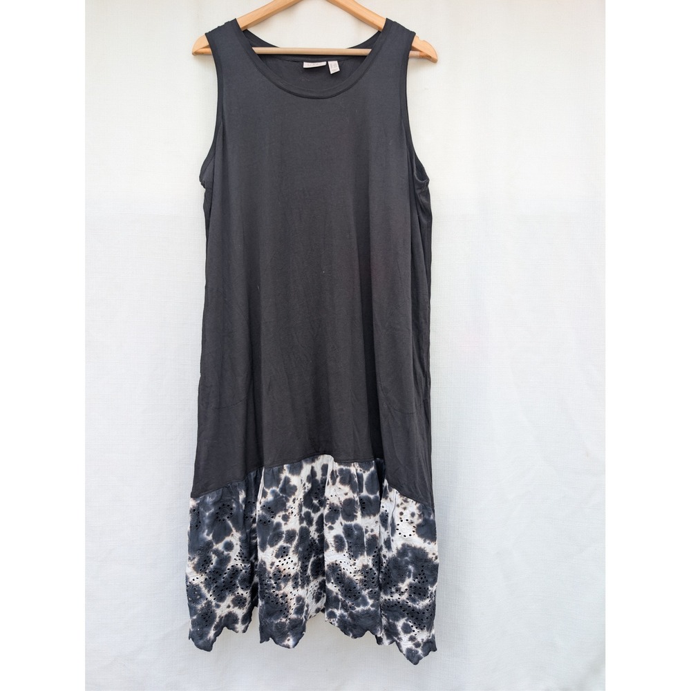 LOGO Lori Goldstein Tank Dress Womens 1XLP Black Cotton Lagenlook Ruffle Hem